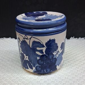 Vtg. Ceramic Canister Featuring Blue Grapevinepattern